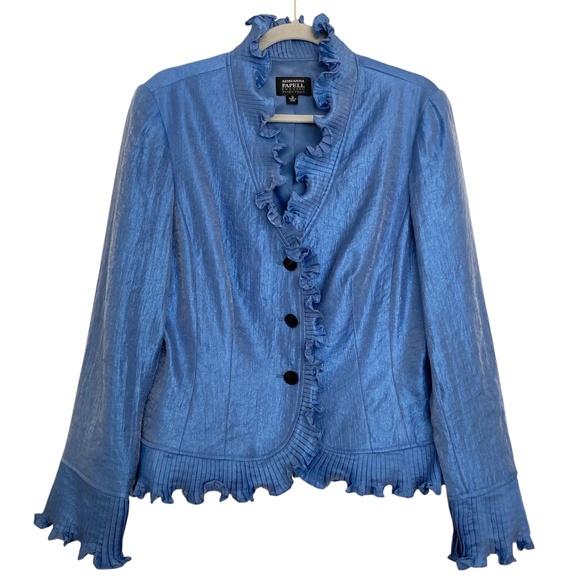 ADRIANNA PAPELL Ruffled Evening Jacket Button Up Long Sleeve Blue - Picture 1 of 7
